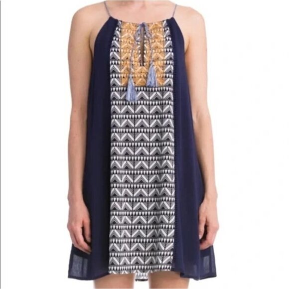 Anthropologie THML Dress Embroidered Blue Medium Stretch Lined Tassel Pull Over - Picture 9 of 9